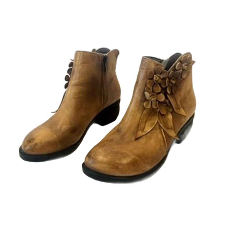 Socofy Handmade Leather Floral Ankle Boots Size 38